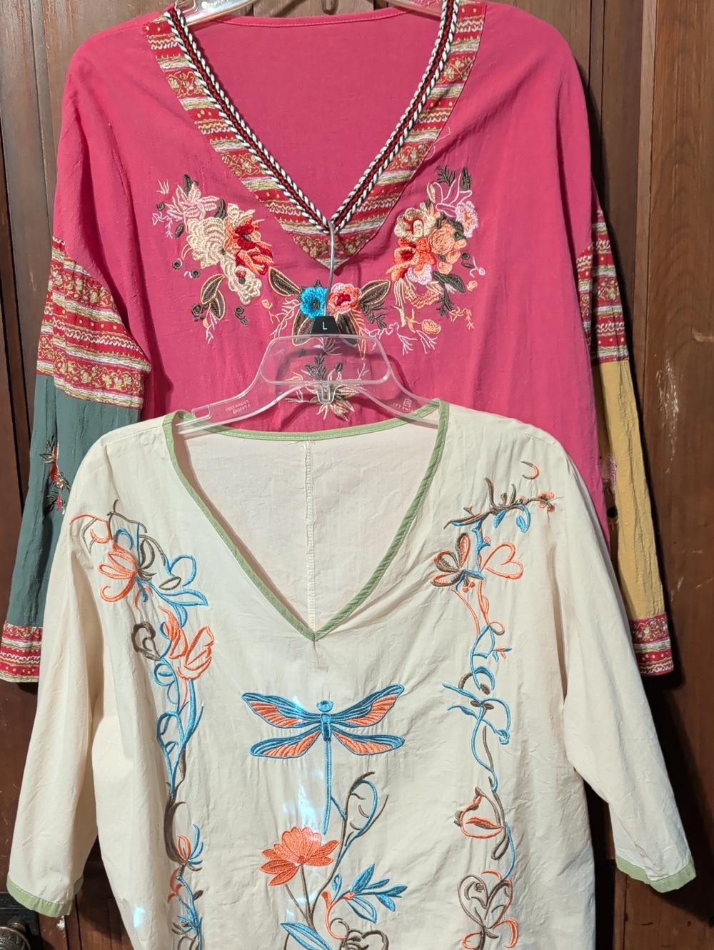 Cream Embroidered V-Neck Tunic with Coral & Blue Dragonfly